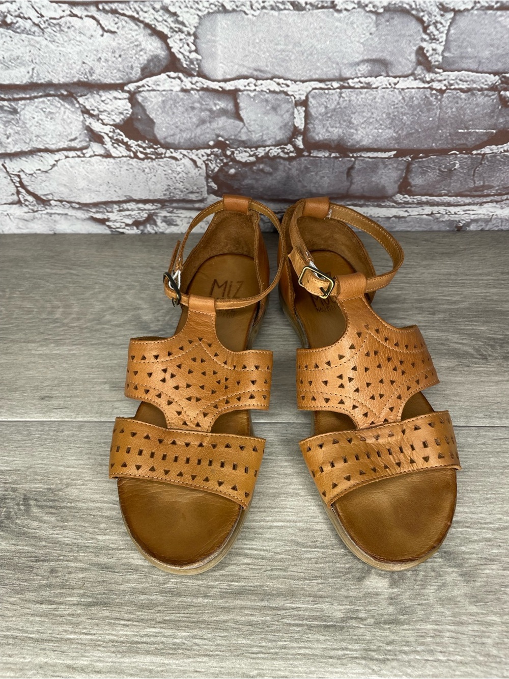 Miz Mooz PEYTON Brown Leather AnkleStrap Cut Out Wedge Sandals Women Sz 37EU/6.5